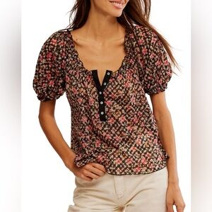 Free People Astra Peasant Top in a black combo floral print boho